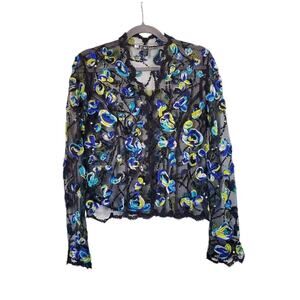 JS Boutique Petite Black Mesh Blue Floral Ribbon Sequin Dress Jacket, Size 8P